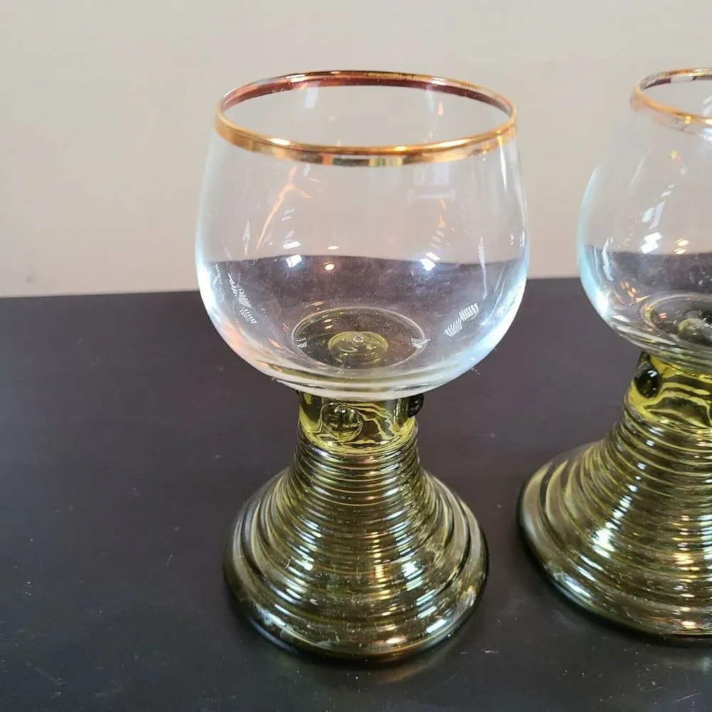 Bohemian Style Glass Goblets Handblown Beehive Base Green Gold Trim